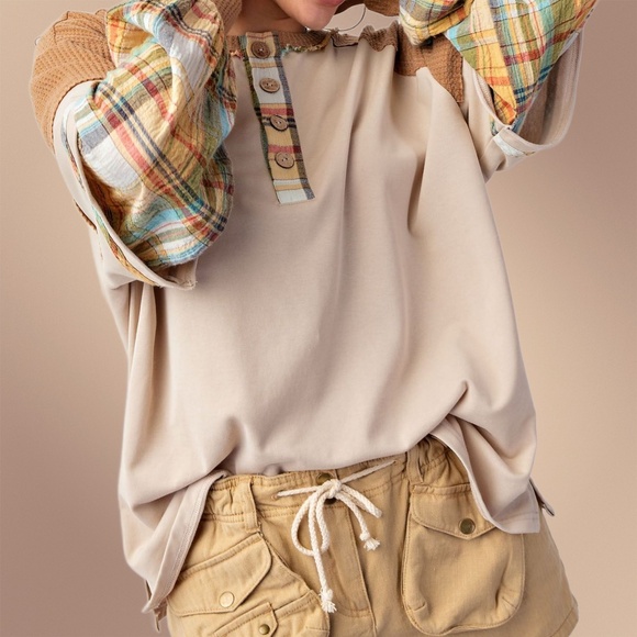 EASEL "Alabama Top - Talladega" Loose Fit Henley Layered Look Mineral Washed Top - Picture 13 of 14